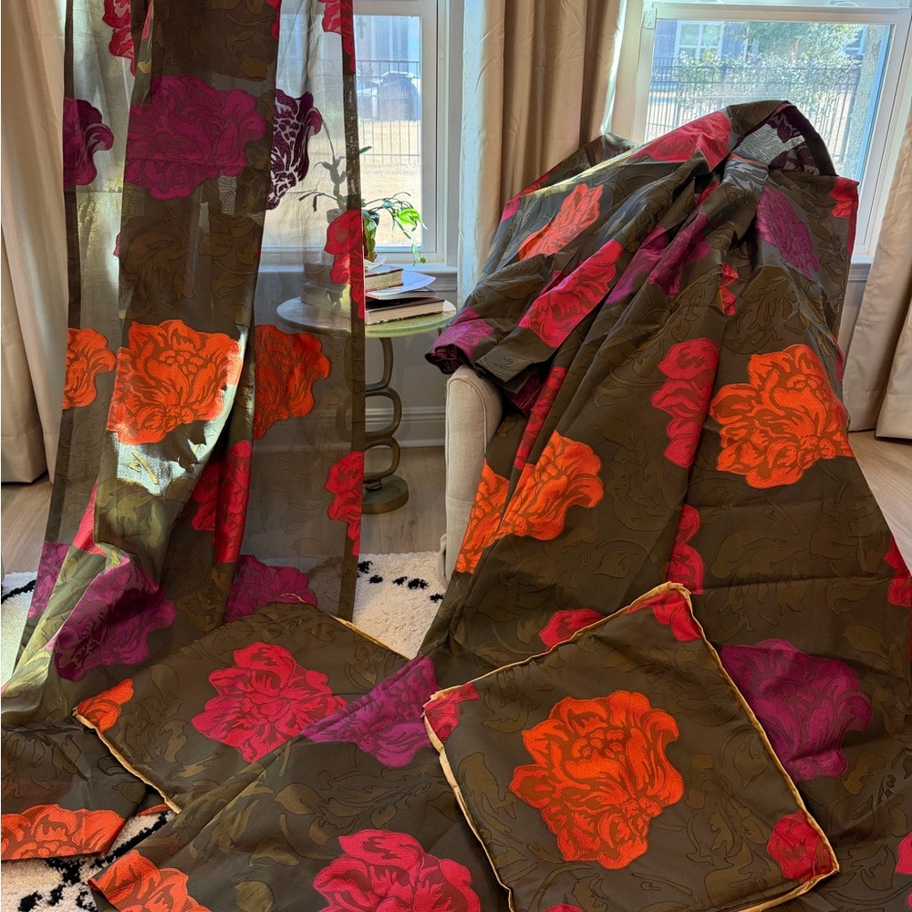 Floral Curtains (4 Panels) & 3 Pillow Shams